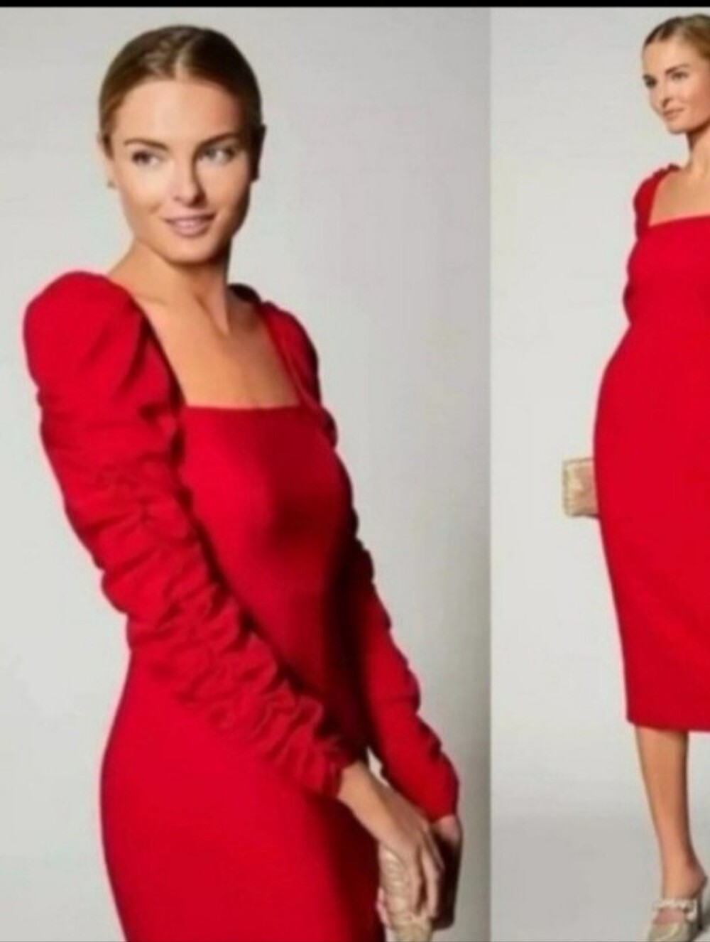 ANTONIO MELANI Red Square-Neck Midi Dress with Ruched Puff Sleeves